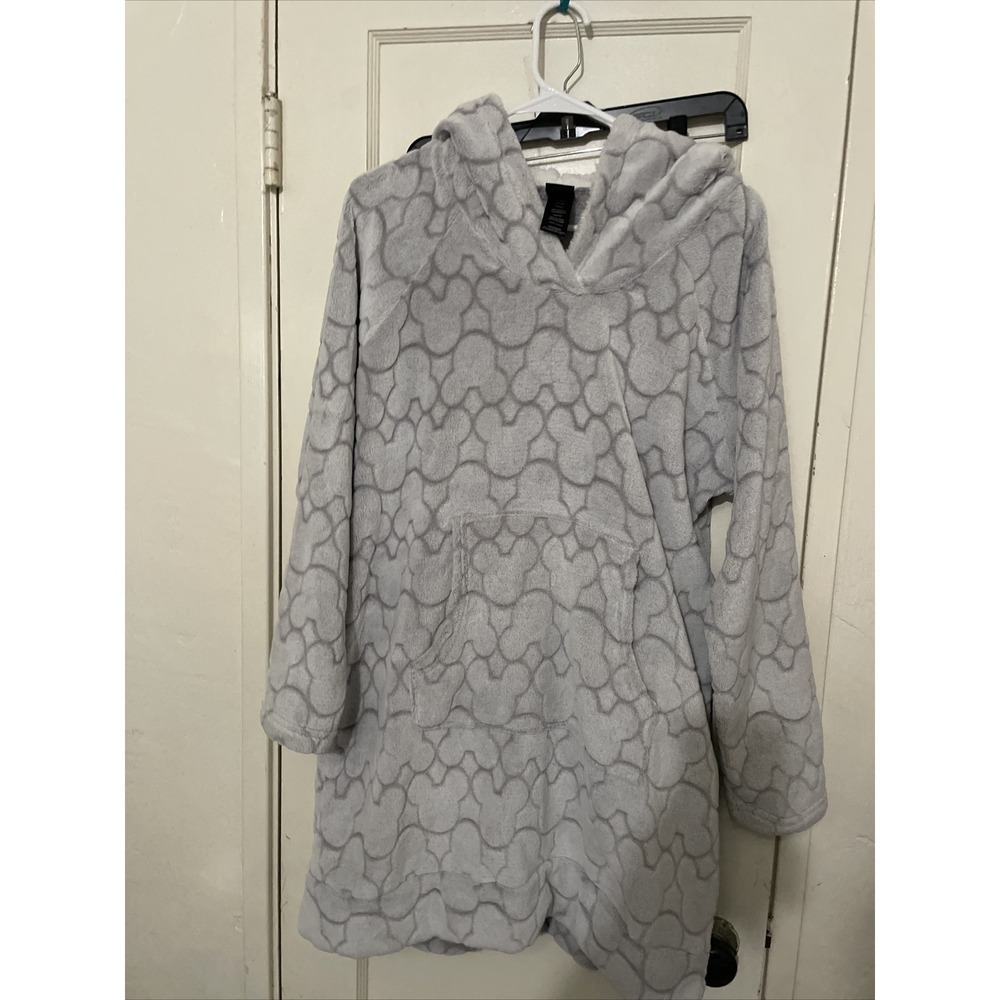 Disney Costco Gray Mickey Minnie Mouse Ears Size L Lounge Sleep hoodie Faux Fur